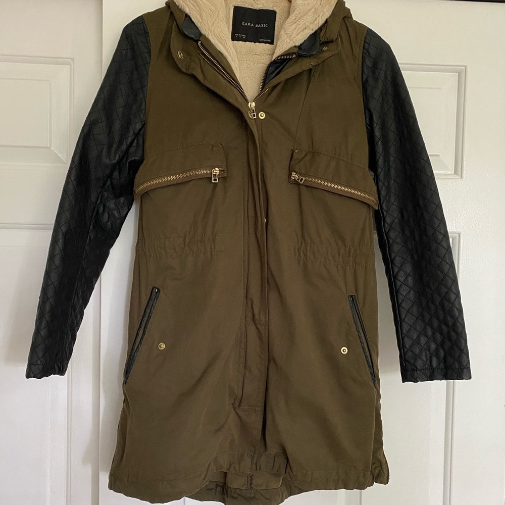 Zara olive green canvas & faux leather jacket